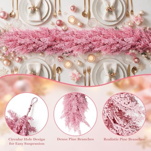 12FT Pink Christmas Cedar Garland, Realistic Artificial Garland, Soft Pastel Xmas Decorations Indoor Outdoor, Faux Holiday Garland for Mantle, Fireplace, Table, Door, Wedding Party Decor