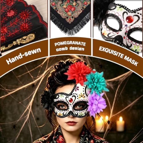 4-Pc Day of the Dead Costume, Mexican Shawl, Sugar Skull Mask, Fan & Gloves
