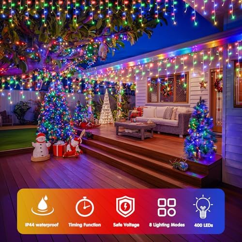 JMEXSUSS Multicolor Icicle Christmas Lights with Remote, 400 LED 38.8Ft
