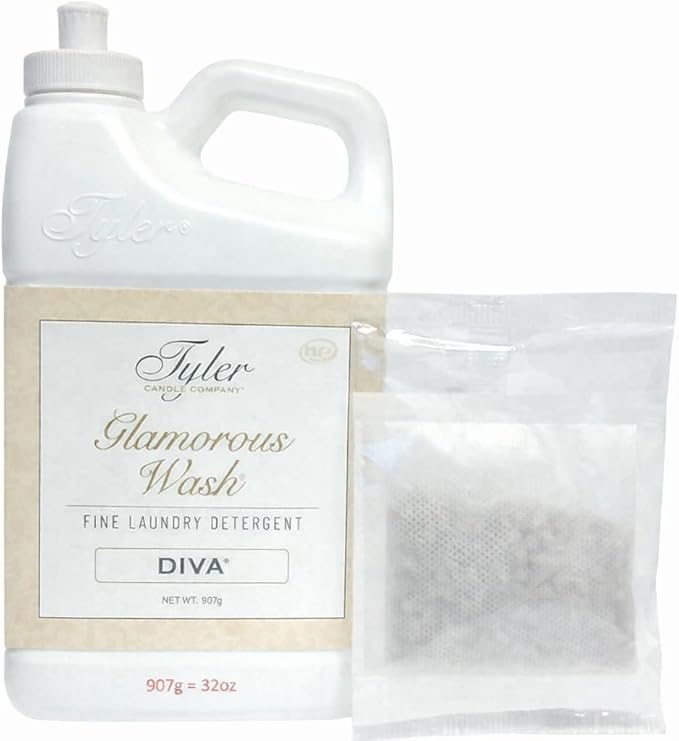 TYLER CANDLE COMPANY Glam Wash Diva 32 Fl Oz Laundry Detergent/with Dryer Sachet Single Pouch, Pull and Pour Spill Proof Cap oh