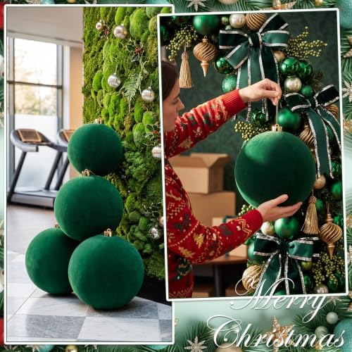 Threan 10 Inch Large Emerald Green Velvet Christmas Ball Ornaments