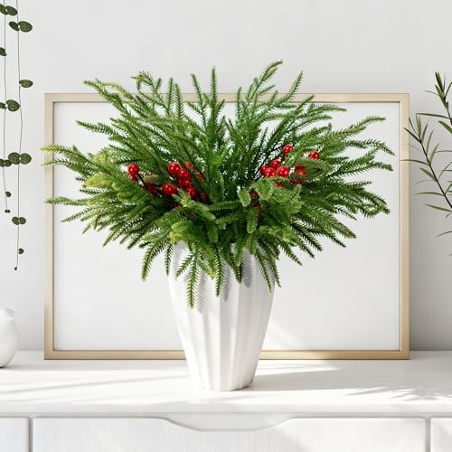 45 Pcs Christmas Norfolk Pine Branches Red Berry Stem Faux Christmas Sprigs