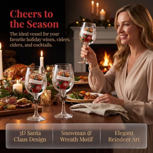 Christmas Wine Glass Collection Gift Box Set, Christmas Wine Glasses, Raised Holiday Goblet with Snowflake Decor, Festive Glassware, Wines & Cocktails, Holiday Party & Table Decor (D)