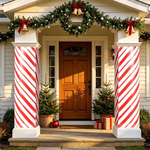 2pack Christmas Candy Cane Column Wraps, Red White Striped Pillar Wrap