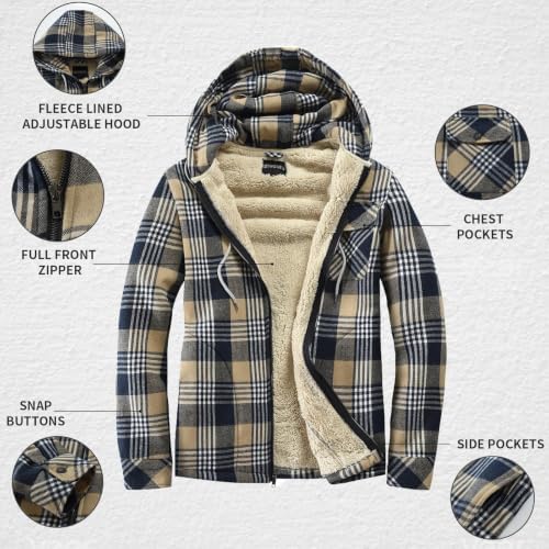 Elesuit Men's Full Zip Fleece Flannel Jacket Shirt Plaid Cotton Hoodie Coat