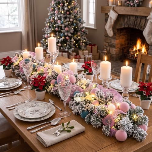 Riceshoot 6 ft Pastel Macaron Christmas Garland LED Lights Frosted Pine