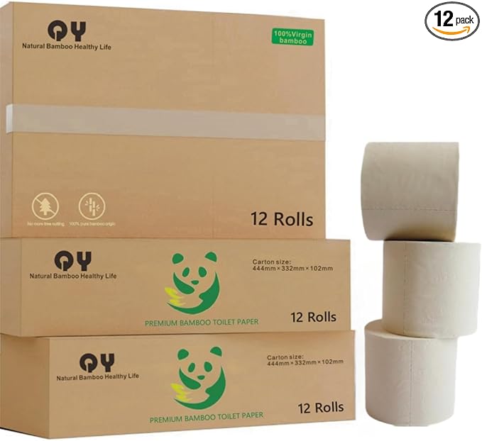 Premium Bamboo Toilet Paper 12 Mega Rolls, 3 ply, Septic Safe,Plastic-Free,Unbleached Brown,Tree-Free,Soft and Absorbent,Bathroom Tissue Rolls
