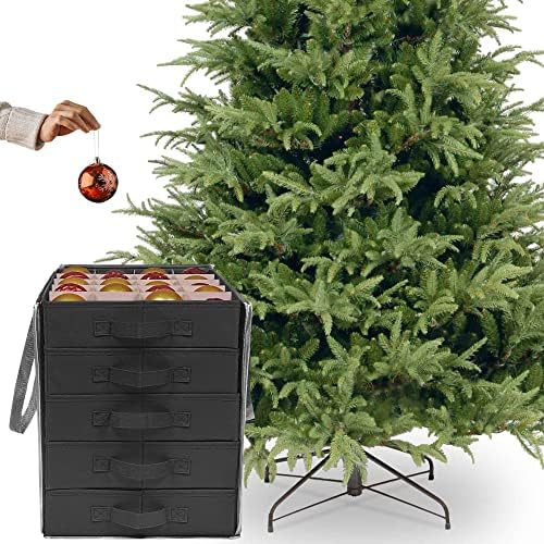 ProPik Christmas Ornament Storage Boxes with Dividers - 5 Separate Trays - Ornament Holder - Keeps 100 Holiday Ornaments - Durable Carrying Bag Handles Organizer Storage Box (Black)