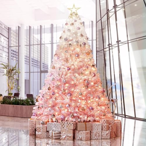 Yaheetech 9ft Prelit Flocked Christmas Tree, Pink & White, 900 Lights