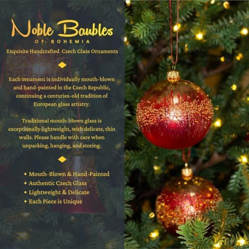 Luxury Handcrafted European Glass Christmas Bell & Ball Ornaments - Set of 6 - Red & Gold Classic - 8 cm - Mouth-Blown & Hand-Painted