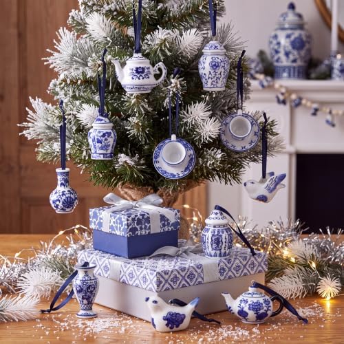 Peryiter 12 Pieces White Blue Christmas Ornaments Chinoiserie Porcelain Christmas Ornaments Mini Ginger Jar for Xmas Tree Decoration(Vivid)
