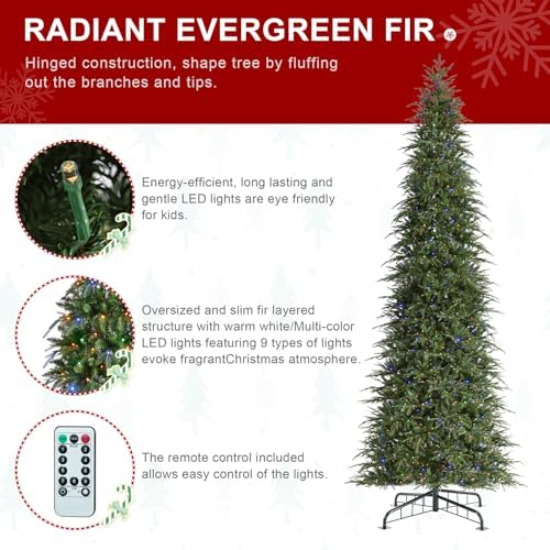 Glitzhome 15ft Prelit Artificial Christmas Tree,Radiant Evergreen Fir with 1500 Warm White/Multi-color LED Lights,9 Function,w/Remote Control,Slim Xmas Tree w/Metal Hinges & Foldable Base,Simple Setup