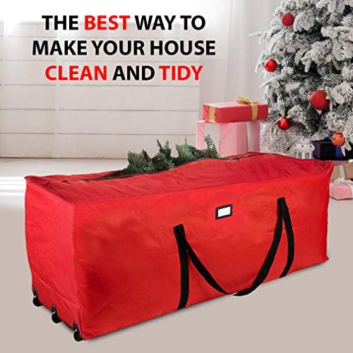 Rolling Tree Storage Bag, Fits Up to 9 foot Disassembled Holiday Tree, 28" Height X 16" Wide X 60" Long Extra Large Heavy Duty Storage Container with Wheels (Red)