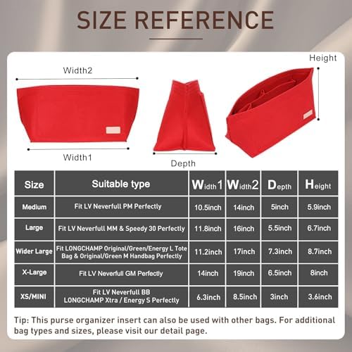Doxo Purse Organizer Insert for Handbags & Base Shaper 2pc Set, Felt Neverfull MM Organizer Insert, Tote Bag Organizer with Zipper Pocket and Bottle Holder, Fit Speedy 30 Neverfull MM and More,Red-L