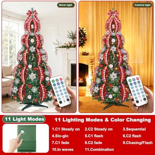 6 Ft Pop up Christmas Tree,Collapsible Christmas Tree with Lights 200 LED Pre-Lit Christmas Trees Plug-in with Remote Timer 8 Lighting Modes for Outdoor Indoor Party Christmas Decor