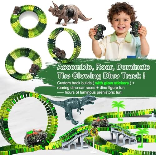 Dinosaur Toys for Kids 3-5, Glow in The Dark Flexible Race Track Playset