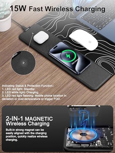 Mouse Pad with Wireless Charging, Large Desk Mat, Black Topographic Map #2