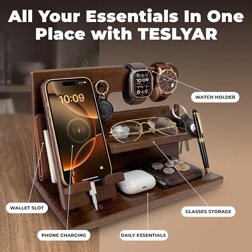 TESLYAR Wood Phone Docking Station for Men - Desk or Nightstand Organizer - Birthday Gifts for Husband, Dad - Anniversary Idea from Wife - Key Holder, Stand Wallet, Watch & Essentials (Bourbon Brown)