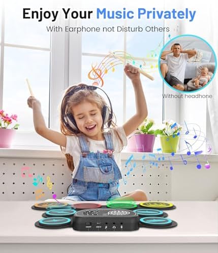 Sboet Electronic Drum Set, 9-Drum Practice Pad with Headphone Jack, Roll-up Drum Kit Machine with Built-in Speaker Drum Pedals and Sticks 10 Hours Playtime, Great Christmas Holiday Gifts for Kids