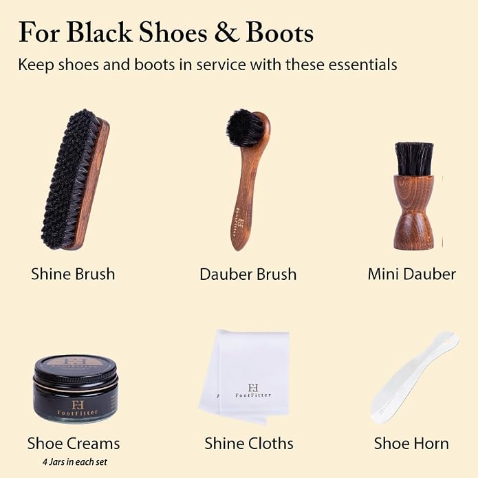 FootFitter Premium Leather Shoe Shine Kit, Complete Polish and Care Set | Restoration & Conditioning Kit with Premium Cleaning & Shoe Shine Tools in Metal Storage Tin for Footwear Care Precision