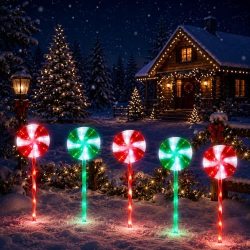 BRIGHTDECK 10 Pack Solar Christmas Pathway Lights, RedGreen Lollipop Stakes