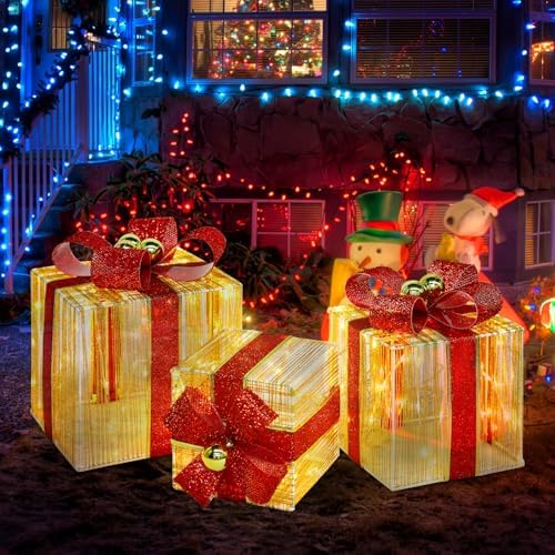 DomKom Set of 3 Christmas Lighted Gift Boxes, 140 LED Lights Nesting Present Boxes, Metal Frame Gift Box with Golden Ball Ornament, for Xmas Tree Indoor Outdoor Holiday Decorations