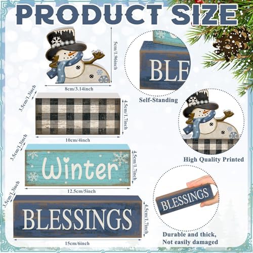 Moucuny 4 Pcs Winter Snowman Wooden Signs Farmhouse Tiered Tray Decor