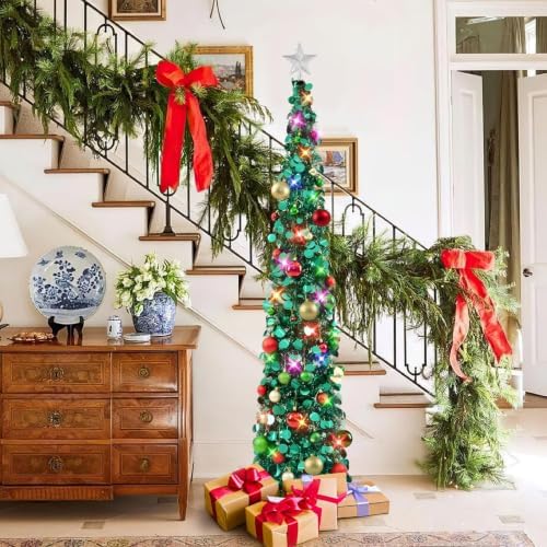 N&T NIETING Pop Up Christmas Tree with Lights & 40 Balls, 6Ft Collapsible Green Tinsel Tree Decorations, Skinny Christmas Tree for Holiday Home Office Decor, Green