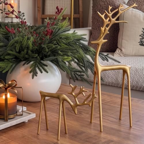 Christmas Decorations - Set of 2 Sculpted Gold Metal Reindeer Statues