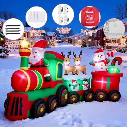 Thuodo 11 FT Long Christmas Inflatables Train with Santa Claus Reindeer Snowman Outdoor Decorations Blow Up Yard with Built-in LEDs for Lawn Garden Holiday Indoor Party Decor