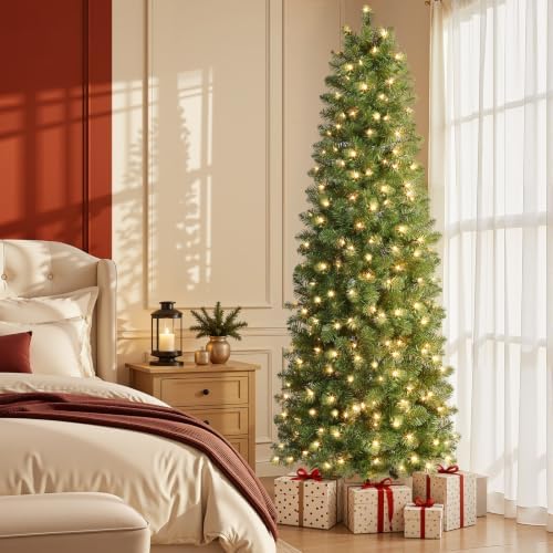 SHareconn Prelit Artificial Pencil Christmas Tree 7.5FT & Warm White Lights