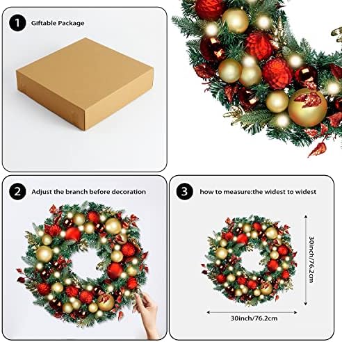 WANNA-CUL Pre-Lit 9ft Christmas Garland with Lights 50 LED Red Gold Baubles