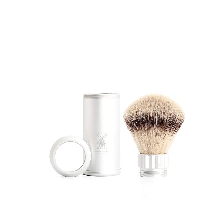 MÜHLE Travel Silver Aluminum Silvertip Fibre Shaving Brush - Portable Synthetic Luxury Shave Brush for Men, Rich Lather