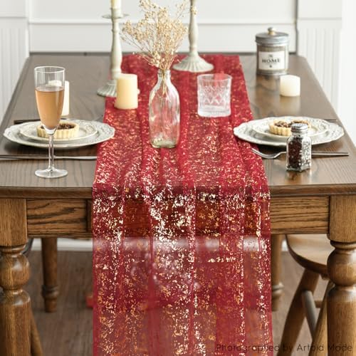 Artoid Mode 2-Pack Red Gold Gauze Table Runner 10FT, Glitter Metallic Foil Sheer Dining Wedding Anniversary Holiday Table Decor for Home Party