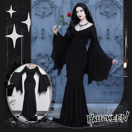Aileam Halloween Morticia Addams Costumes Vintage Gothic Black Long Dress Outfit Women Wig Red Roses Flowers Necklace