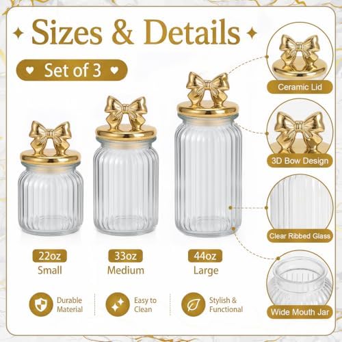 Mimorou 3 Set Gold Bow Candy Glass Jars with Ceramic Lids 44oz 33oz 22oz Summer Bow Cookie Jars Airtight Glass Food Storage Containers for Spring Summer Party Tea Cookie Snacks Sugar