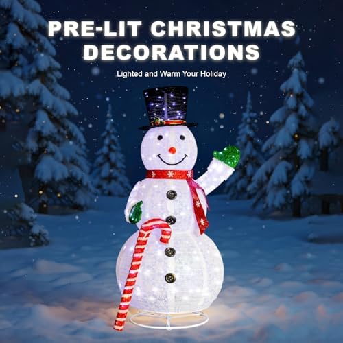 VINGLI 6FT Lighted Snowman Holding Candy Cane Christmas Yard Decorations, Prelit Pull Up Snowman with 210 White LED Lights, Outdoor Lighted Xmas Yard Decorations for Lawn Garden Porch Indoor Décor