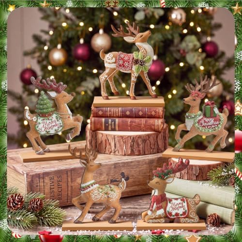 RattanView 5 Pcs Gingerbread Christmas Table Decorations Wooden Ginger Bread Reindeer Decor Christmas Centerpiece Ginger Bread Village Xmas Reindeer Tiered Tray Home Decor with Base for Party
