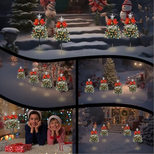 Christmas Tree Solar Pathway Lights Outdoor Decor, 8 Pack, Snowy