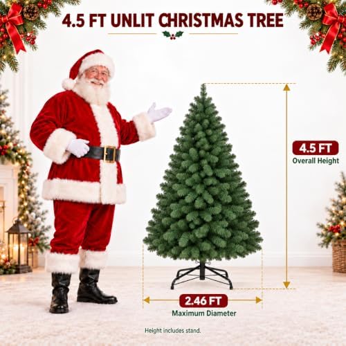4.5ft Artificial Christmas Tree, Realistic Full Unlit Holiday Décor