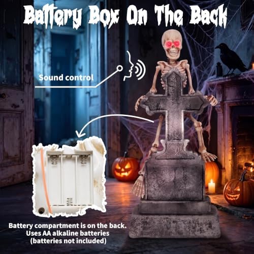 46" Halloween Animatronic Tombstone Decor, Sound‑Activated Swaying Skeleton