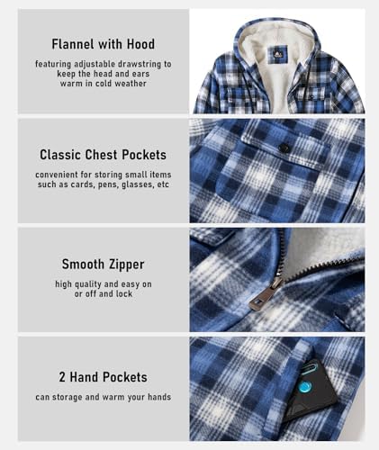 GEEK LIGHTING Men's Flannel Shirts Jacket Sherpa Lined Plaid Zipper Hoodie