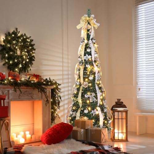 VINGLI 6ft Pop up Artificial Christmas Pine Tree with 150 Warm White Lights, Xmas Tree Holiday Party Decorations with Sturdy Metal Stand (Gold&Silver)