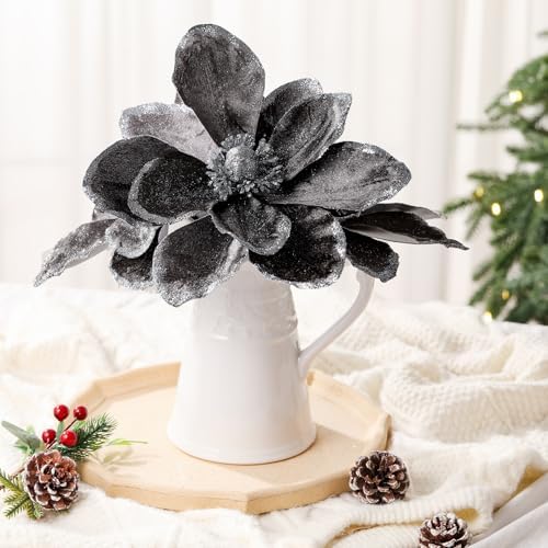 Thiccywoov 8 Pack Large 12'' Christmas Velvet Magnolia Flowers, Grey