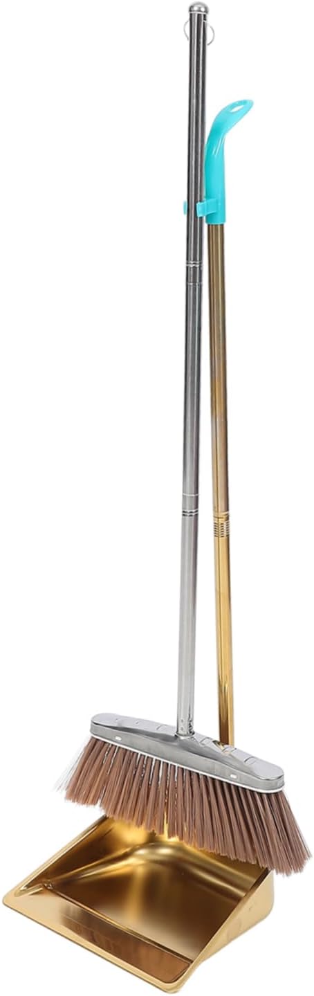 Unomor Heavy-Duty Stainless Steel Broom and Dustpan Set Thick Gold Dustpan for Home Cleaning Sturdy Indoor Broom Ergonomic Handle for Kitchen and Office Use