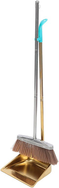 Unomor Heavy-Duty Stainless Steel Broom and Dustpan Set Thick Gold Dustpan for Home Cleaning Sturdy Indoor Broom Ergonomic Handle for Kitchen and Office Use