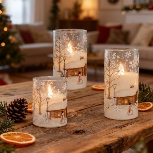 Snowman Glass Flameless Candles Battery Operated with Remote and Timer Real Wax LED Flickering Pillar Candles White Cold Light Window Christmas Holiday Decor D3 x 4",5",6"