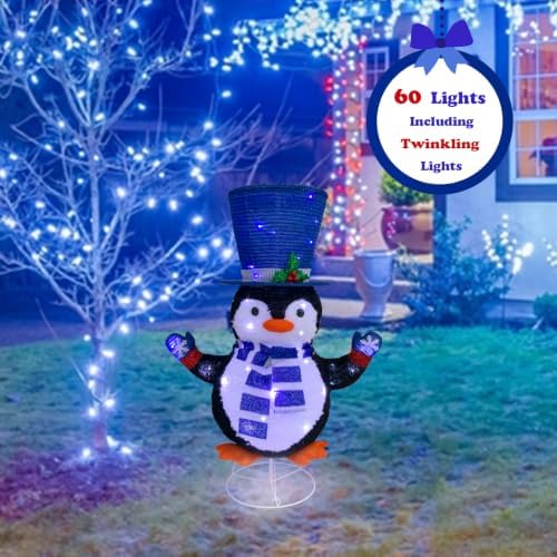 Lighted Penguin Outdoor Christmas Decorations, Pop-Up Penguin Outdoor Décor Prelit 60 Lights, Collapsible Lighted Blue Christmas Decorations for Porch, Yard, Garden-Blue