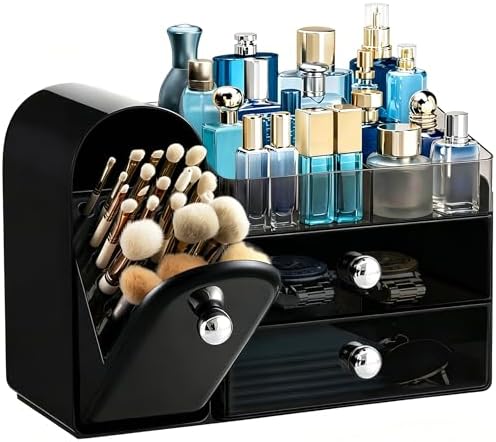HBlife Makeup Organizer Countertop with Drawers, Cologne Organizer for Men, Vanity Organizers with Brush Holder, Bathroom Countertop Organizer Skin Care Storage, Gift for Dad Husband, Black Silver