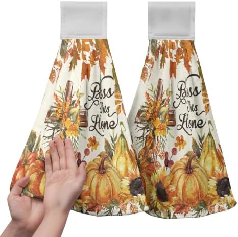 Fall Pumpkin Hanging Kitchen Towels Autumn Sunflower Maple Leaf Harvest Hand Towels with Hanging Loop Thanksgiving Washcloth Absorbent Hanging Dish Towels for Bathroom Set of 2